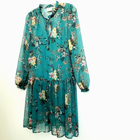 Nwot Maeve by Anthropologie Teal Floral Emmy Longsleeve Dress - Picture 5 of 16